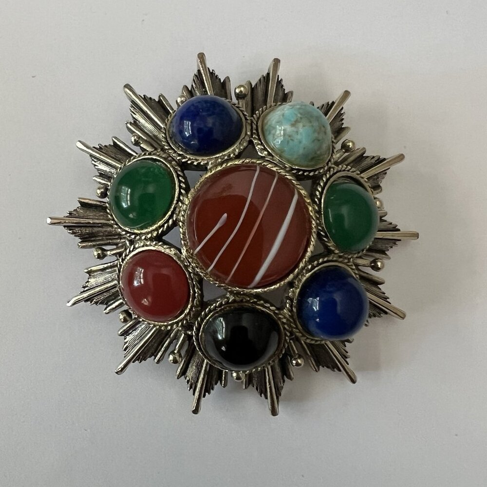 Vintage Scottish Celtic Brooch Pin Agate Cabaochons Silver Tone Starburst Kilt